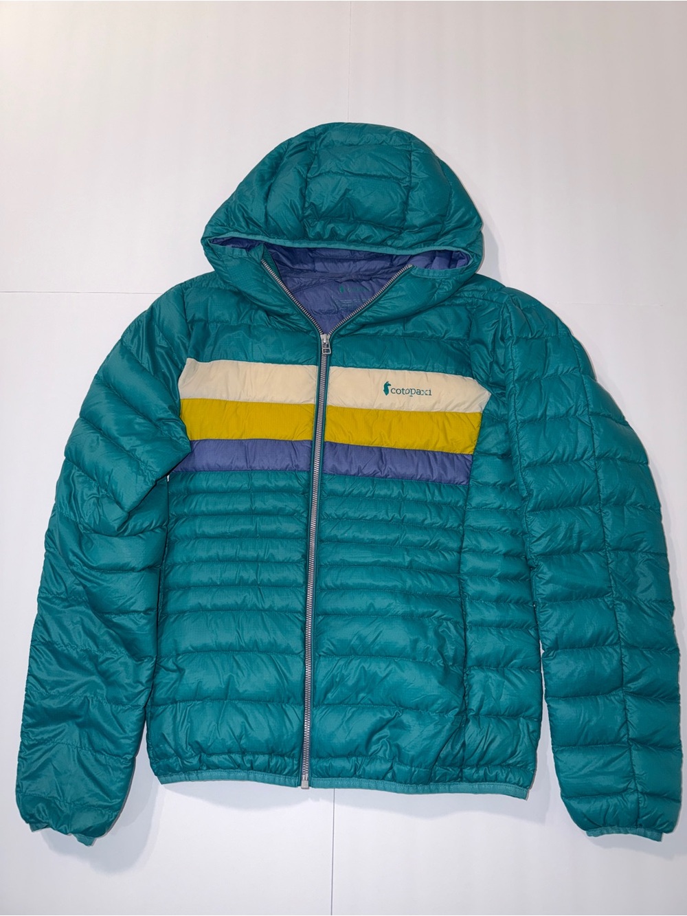 cotopaxi Teal Hooded Colorblock Stripe Puffer Jacket